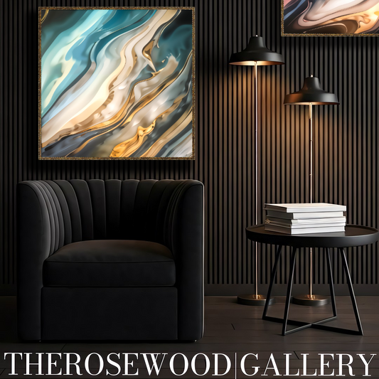 Abstract Contemporary Art Deep Green Dark Gold Light Blue Marine Pouring Painting Wave