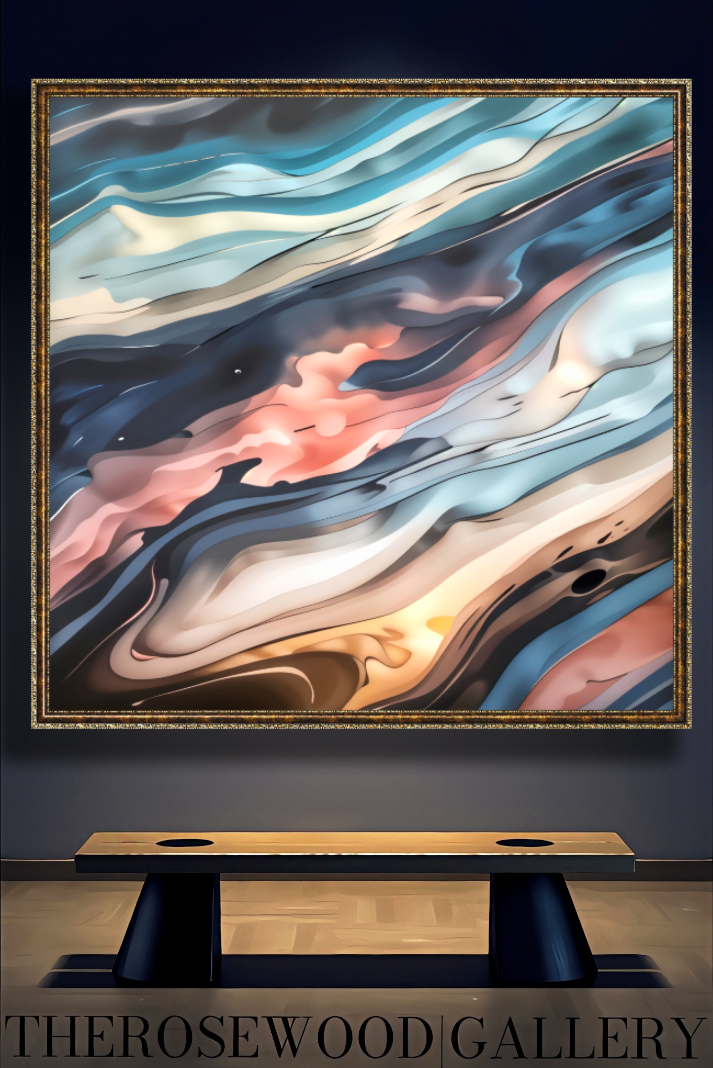 Abstract Contemporary Art Soft Pink Gold Light Blue Marine Pouring Painting Wave