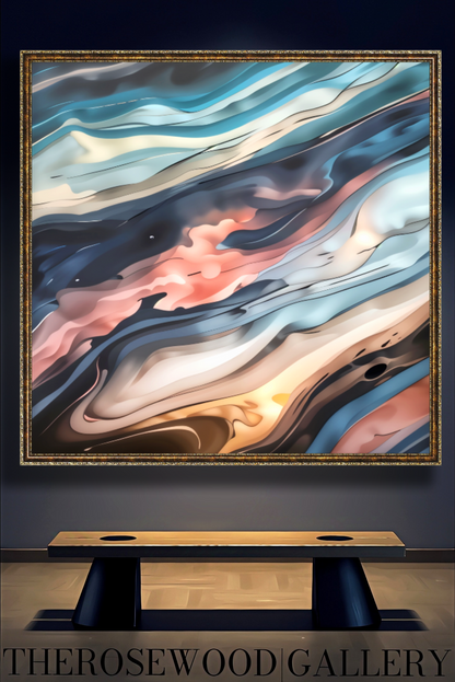 Abstract Contemporary Art Soft Pink Gold Light Blue Marine Pouring Painting Wave