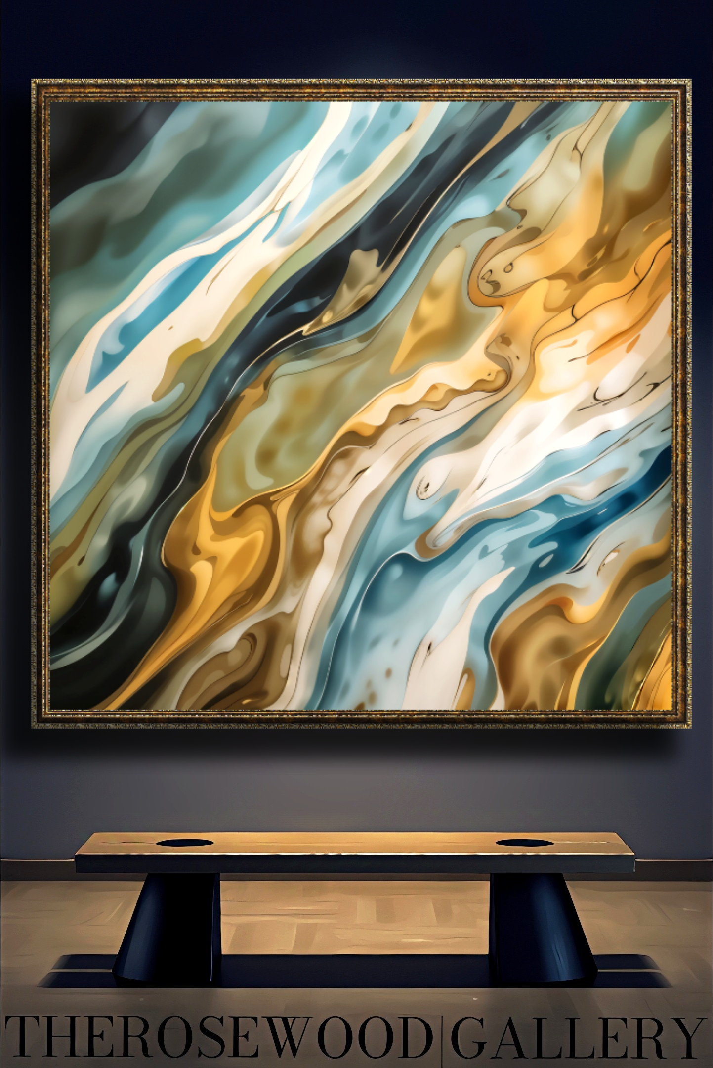 Abstract Contemporary Art Deep Green Dark Gold Light Blue Turquoise Azur Pouring Painting Wave