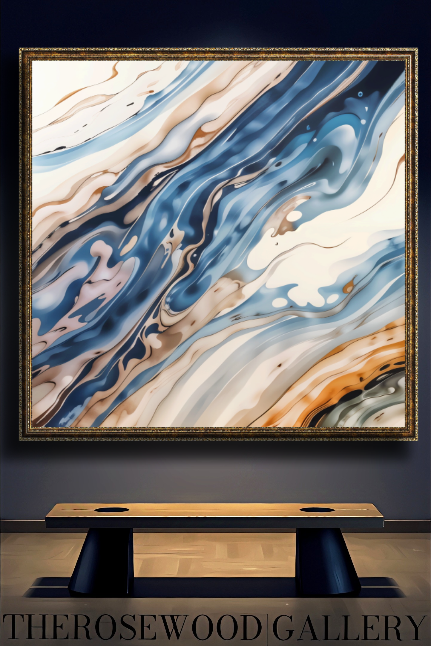 Abstract Contemporary Art Soft Blue Beige Light Turquoise Golden Azur Pouring Painting Wave