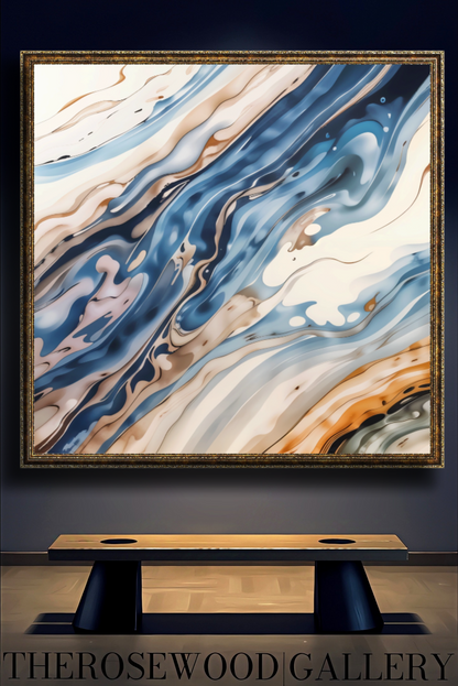 Abstract Contemporary Art Soft Blue Beige Light Turquoise Golden Azur Pouring Painting Wave