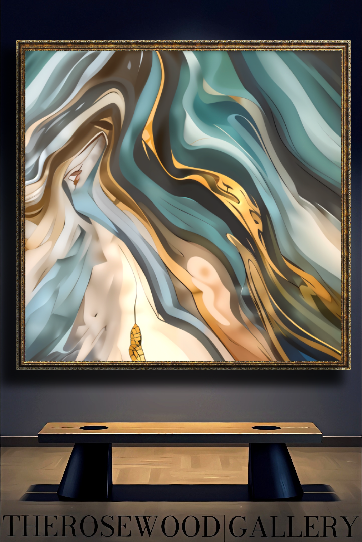 Abstract Contemporary Art Azur Green Dark Gold Light Blue Turquoise Marine Pouring Painting Wave
