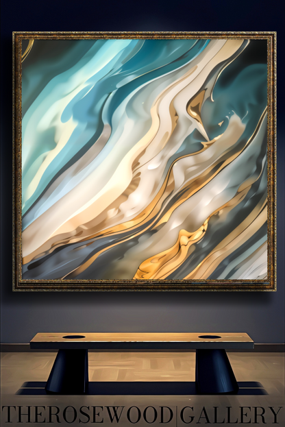 Abstract Contemporary Art Deep Green Dark Gold Light Blue Marine Pouring Painting Wave