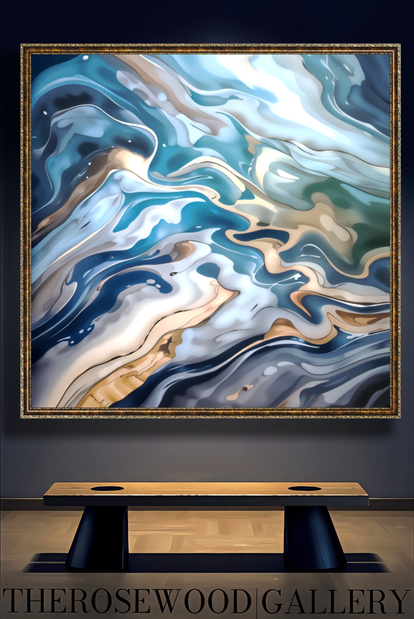 Abstract Contemporary Art Deep Gold Light Blue Marine Pouring Painting Wave