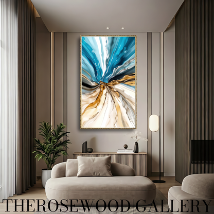 Pouring Painting Digital Abstract Art    Elegant Contrast Blue Azure Gold Whirlwind