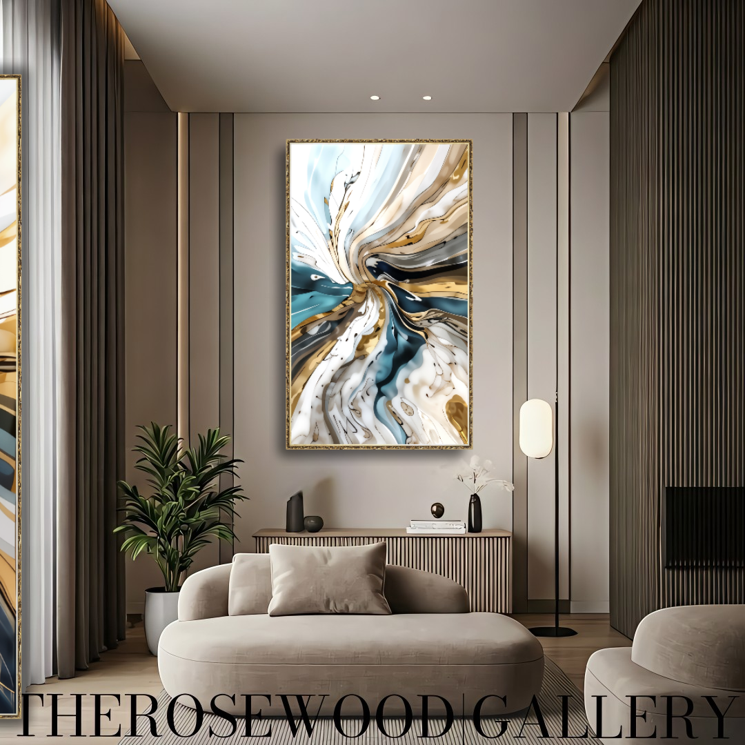 Deep Teal Blue Pouring Painting Digital Abstract Art Contemporary Shades Of Cream White Whirlwind
