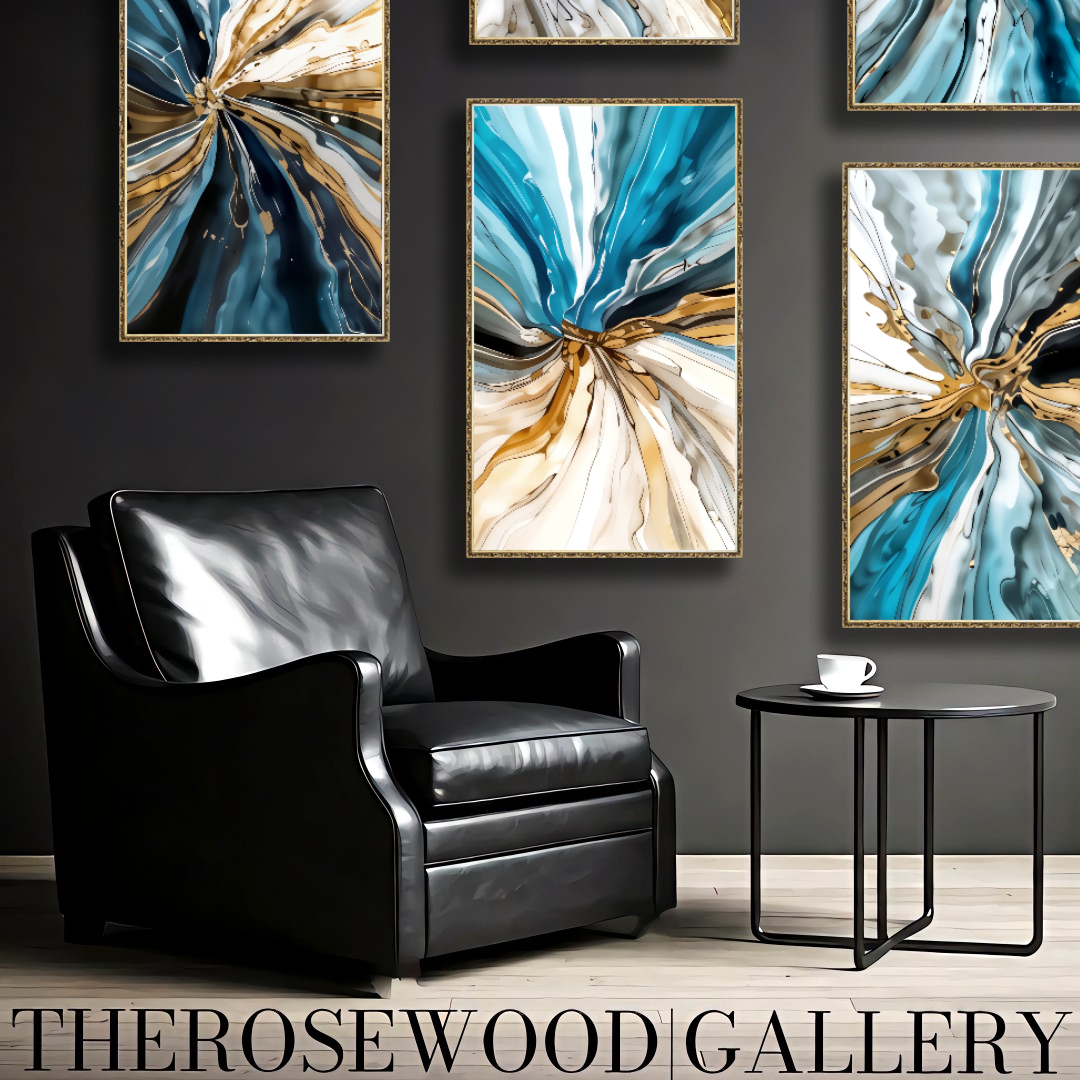 Pouring Painting Digital Abstract Art    Elegant Contrast Blue Azure Gold Whirlwind