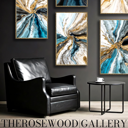 Deep Teal Blue Pouring Painting Digital Abstract Art Contemporary Shades Of Cream White Whirlwind