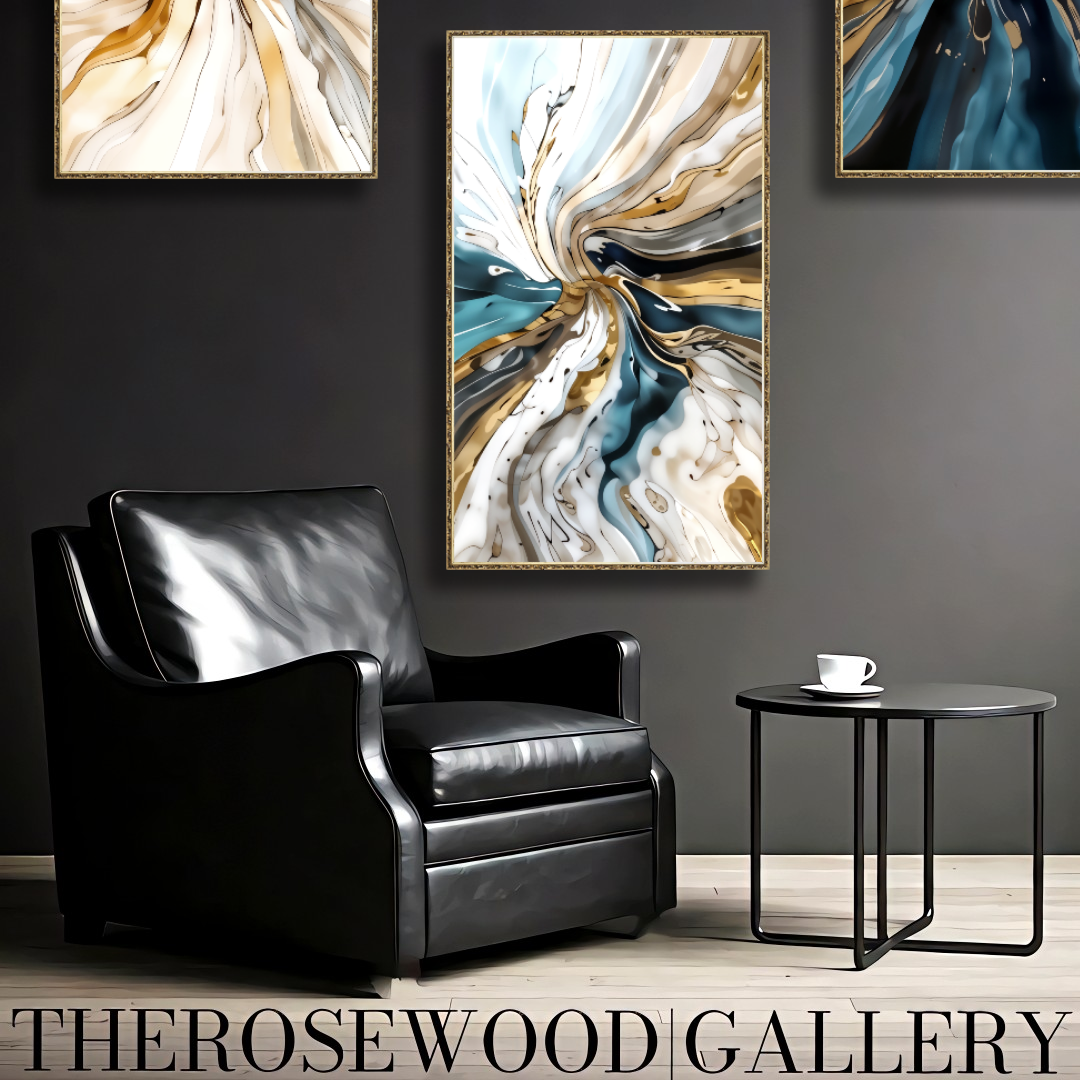 Deep Teal Blue Pouring Painting Digital Abstract Art Contemporary Shades Of Cream White Whirlwind