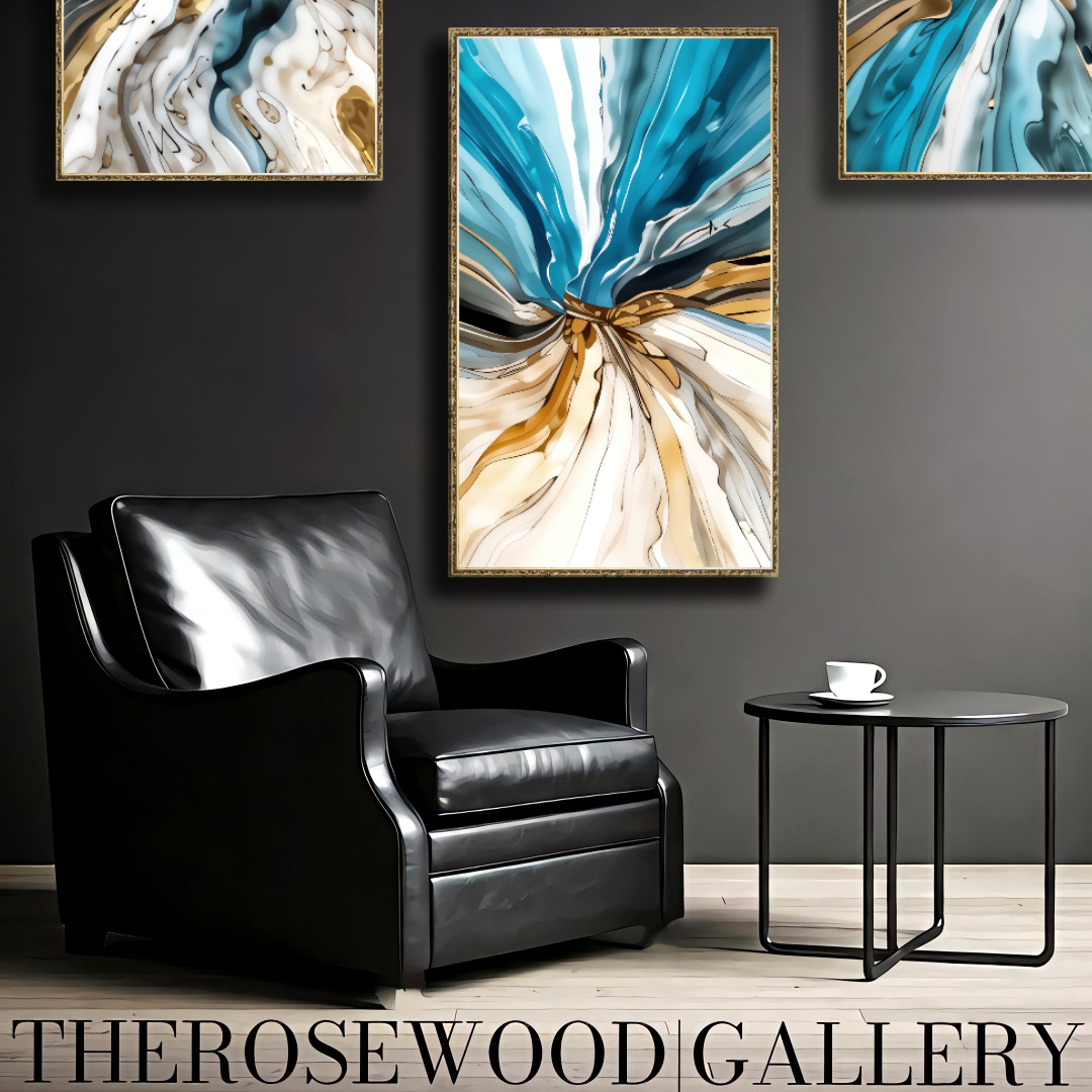Pouring Painting Digital Abstract Art    Elegant Contrast Blue Azure Gold Whirlwind