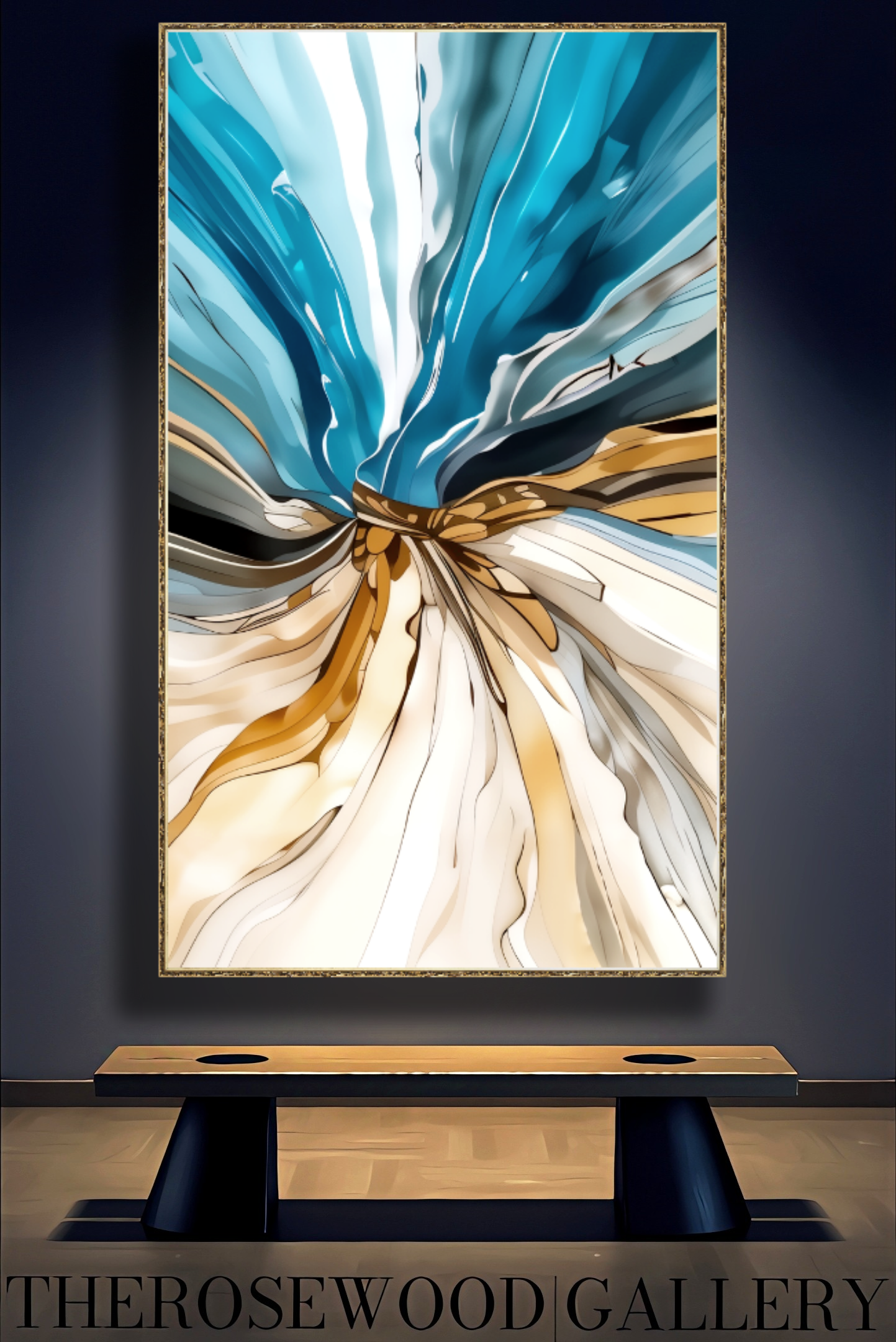 Pouring Painting Digital Abstract Art    Elegant Contrast Blue Azure Gold Whirlwind