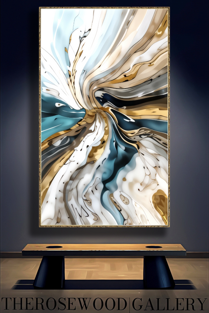 Deep Teal Blue Pouring Painting Digital Abstract Art Contemporary Shades Of Cream White Whirlwind