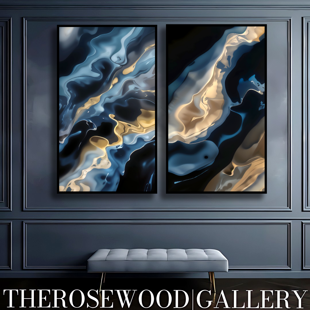 Shades Of Midnight Blue Indigo Minimalist Abstract Digital Artwork Gold Fluid Organic Shapes Modern Interior Design