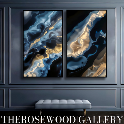 Navy Blue Waves Deep Gold Turquoise Blue Abstract Minimalist And Contemporary High-Definition Digital Artwork