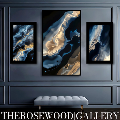 Shades Of Midnight Blue Indigo Minimalist Abstract Digital Artwork Gold Fluid Organic Shapes Modern Interior Design