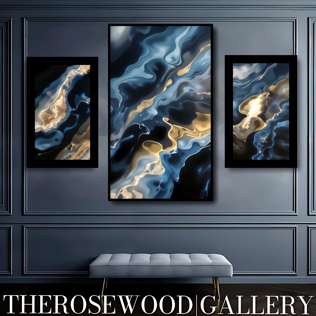 Navy Blue Waves Deep Gold Turquoise Blue Abstract Minimalist And Contemporary High-Definition Digital Artwork