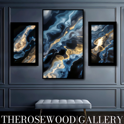 Navy Blue Waves Deep Gold Turquoise Blue Abstract Minimalist And Contemporary High-Definition Digital Artwork