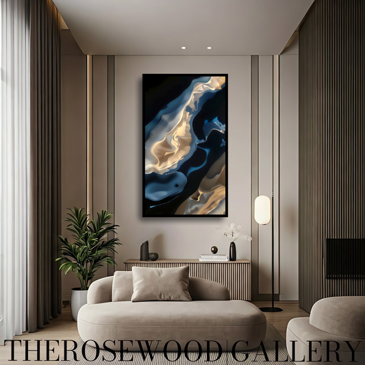 Shades Of Midnight Blue Indigo Minimalist Abstract Digital Artwork Gold Fluid Organic Shapes Modern Interior Design