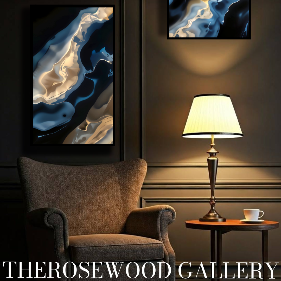 Shades Of Midnight Blue Indigo Minimalist Abstract Digital Artwork Gold Fluid Organic Shapes Modern Interior Design