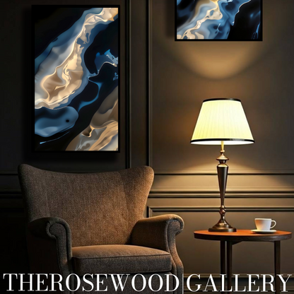 Shades Of Midnight Blue Indigo Minimalist Abstract Digital Artwork Gold Fluid Organic Shapes Modern Interior Design