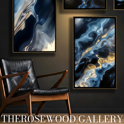 Navy Blue Waves Deep Gold Turquoise Blue Abstract Minimalist And Contemporary High-Definition Digital Artwork