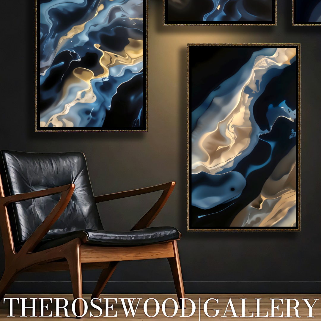Shades Of Midnight Blue Indigo Minimalist Abstract Digital Artwork Gold Fluid Organic Shapes Modern Interior Design