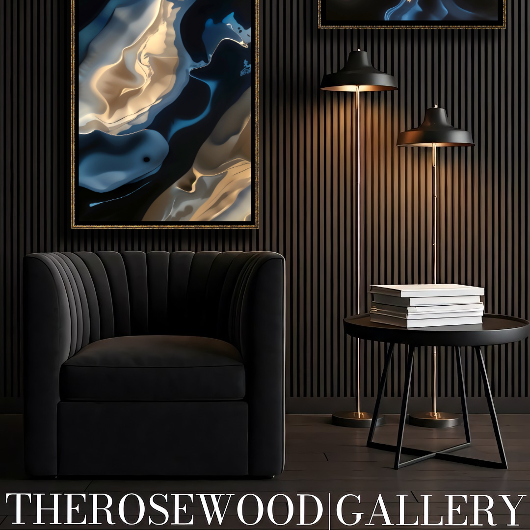 Shades Of Midnight Blue Indigo Minimalist Abstract Digital Artwork Gold Fluid Organic Shapes Modern Interior Design