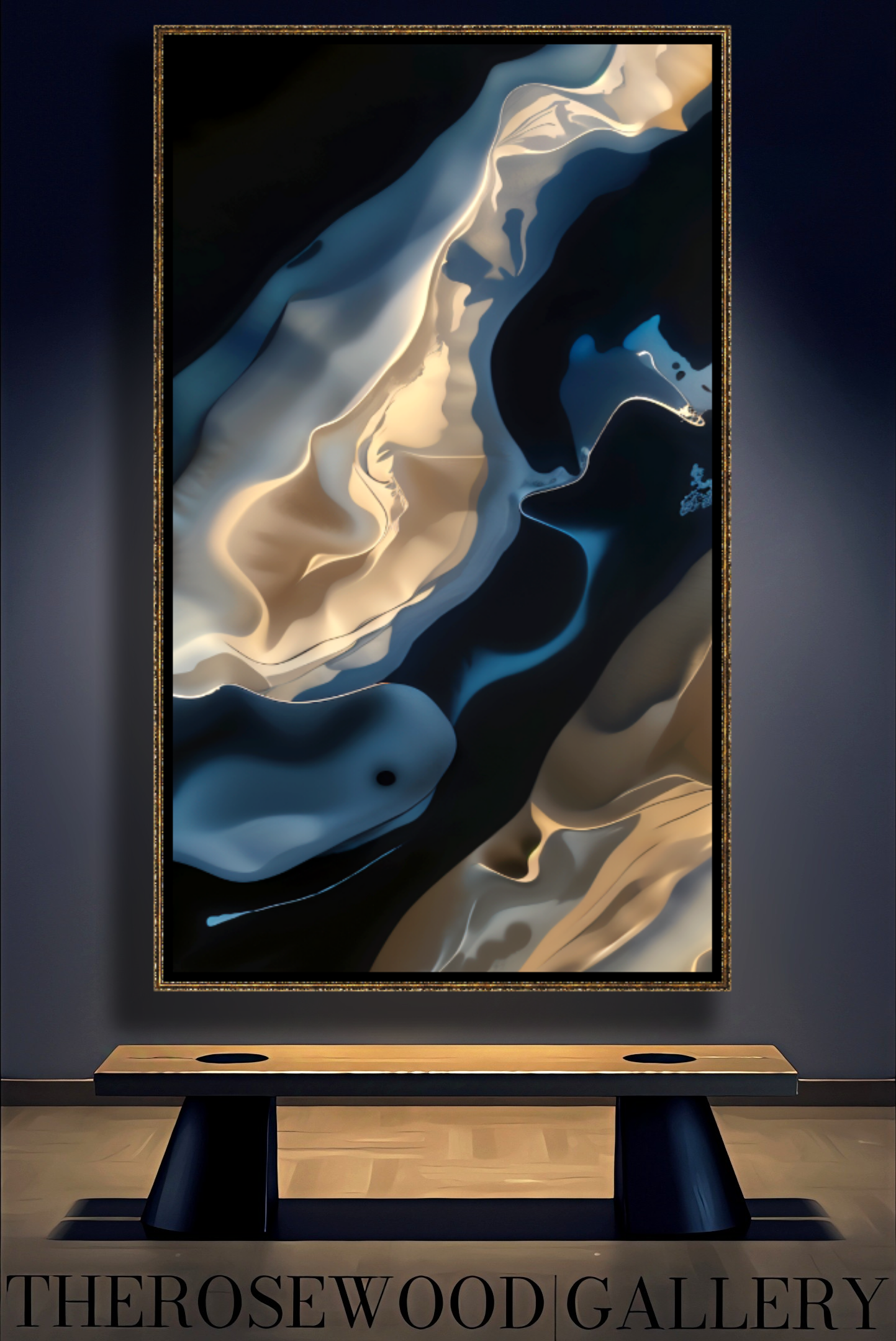 Shades Of Midnight Blue Indigo Minimalist Abstract Digital Artwork Gold Fluid Organic Shapes Modern Interior Design