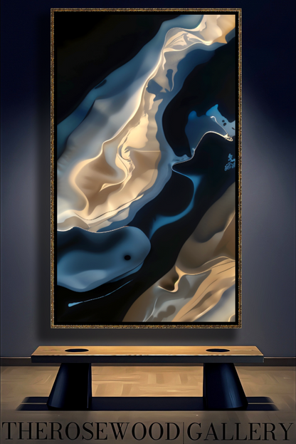 Shades Of Midnight Blue Indigo Minimalist Abstract Digital Artwork Gold Fluid Organic Shapes Modern Interior Design