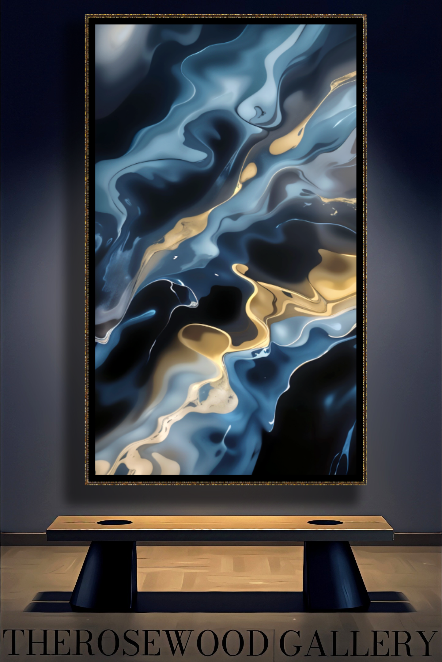 Navy Blue Waves Deep Gold Turquoise Blue Abstract Minimalist And Contemporary High-Definition Digital Artwork