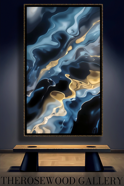 Navy Blue Waves Deep Gold Turquoise Blue Abstract Minimalist And Contemporary High-Definition Digital Artwork