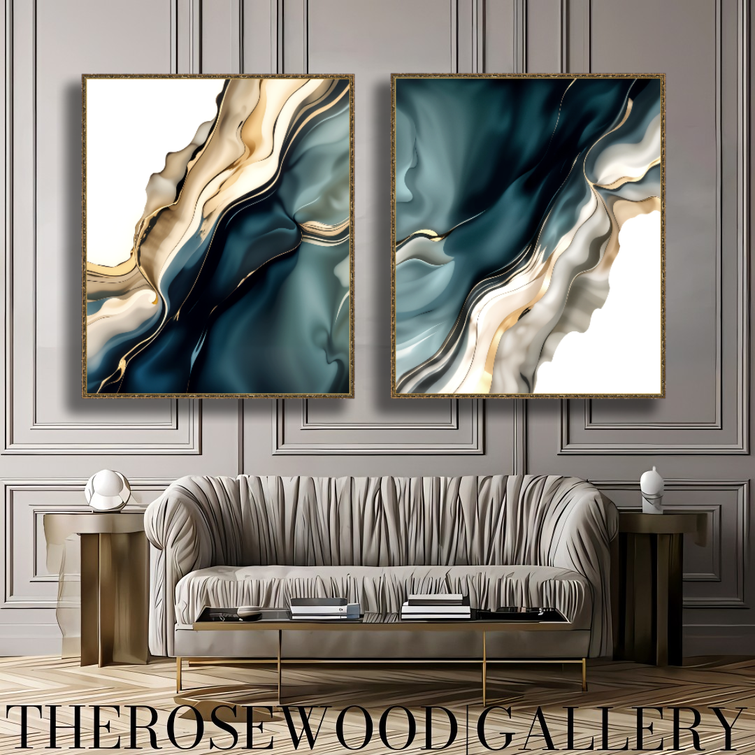 Digital Pouring Painting  Abstract Art Deep Turquoise Azur Golden Lines Shades Of Ivory Sylver Background