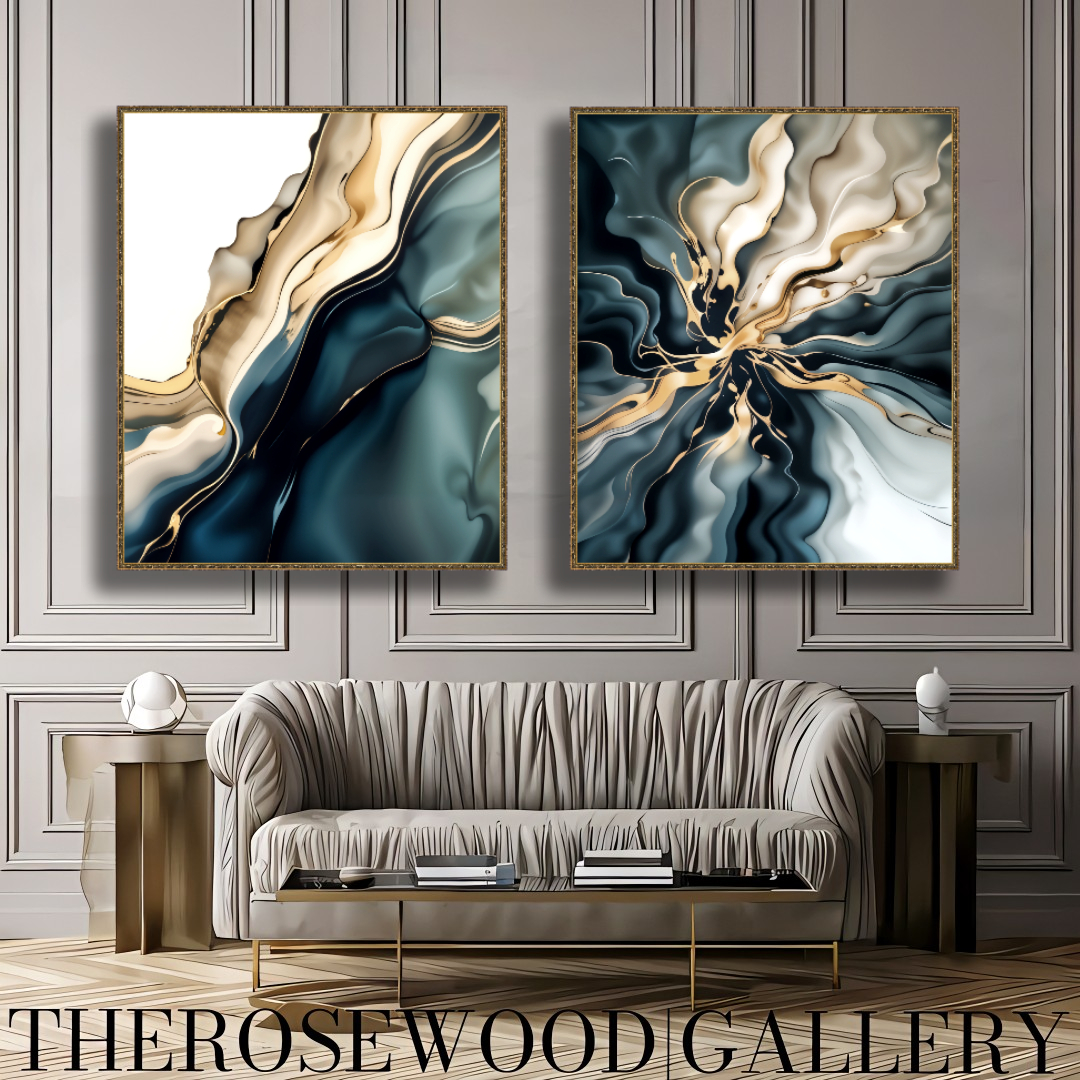 Minimalist Digital Painting Abstract Art Deep Turquoise Green Golden Lines Shades Of Sylver