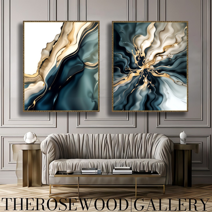 Minimalist Digital Painting Abstract Art Deep Turquoise Green Golden Lines Shades Of Sylver