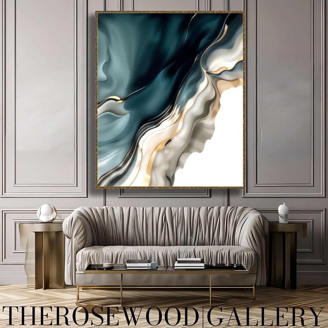 Digital Pouring Painting  Abstract Art Deep Turquoise Azur Golden Lines Shades Of Ivory Sylver Background