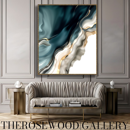 Digital Pouring Painting  Abstract Art Deep Turquoise Azur Golden Lines Shades Of Ivory Sylver Background