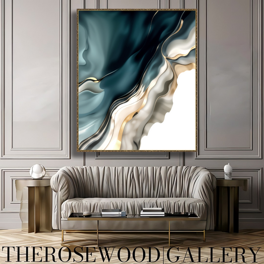Digital Pouring Painting  Abstract Art Deep Turquoise Azur Golden Lines Shades Of Ivory Sylver Background