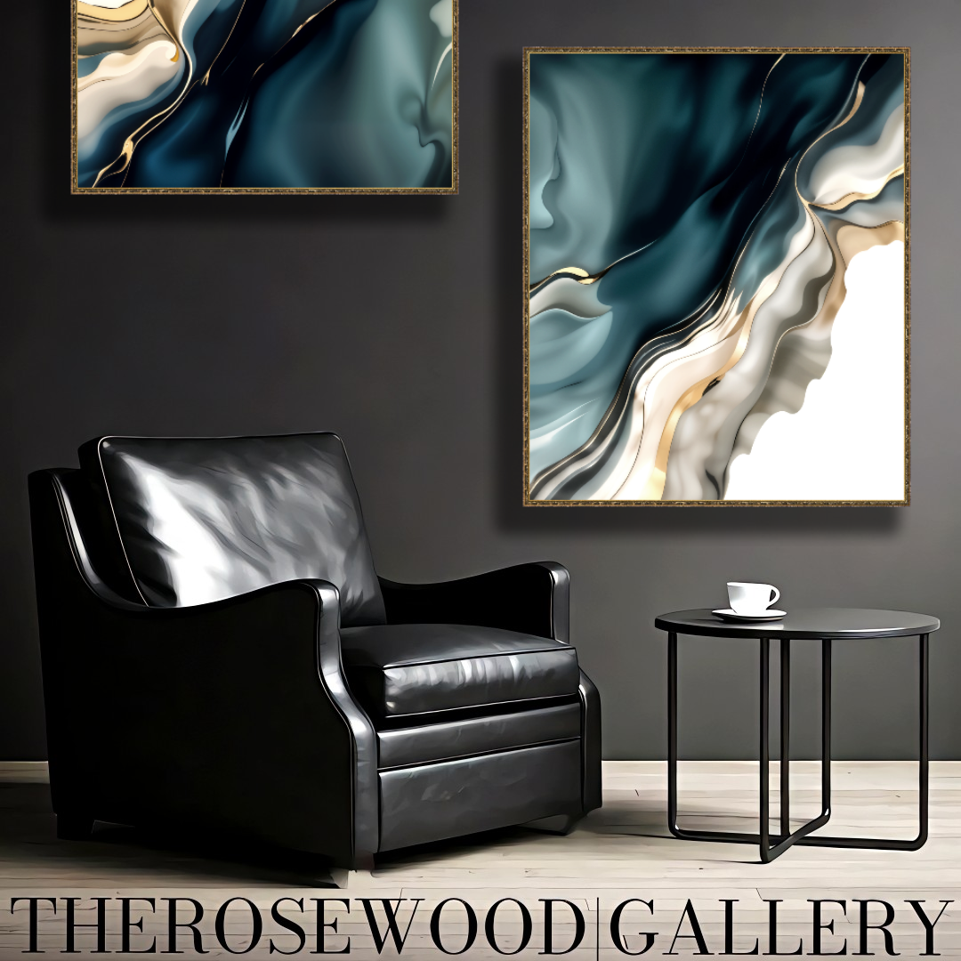 Digital Pouring Painting  Abstract Art Deep Turquoise Azur Golden Lines Shades Of Ivory Sylver Background