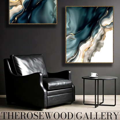 Digital Pouring Painting  Abstract Art Deep Turquoise Azur Golden Lines Shades Of Ivory Sylver Background