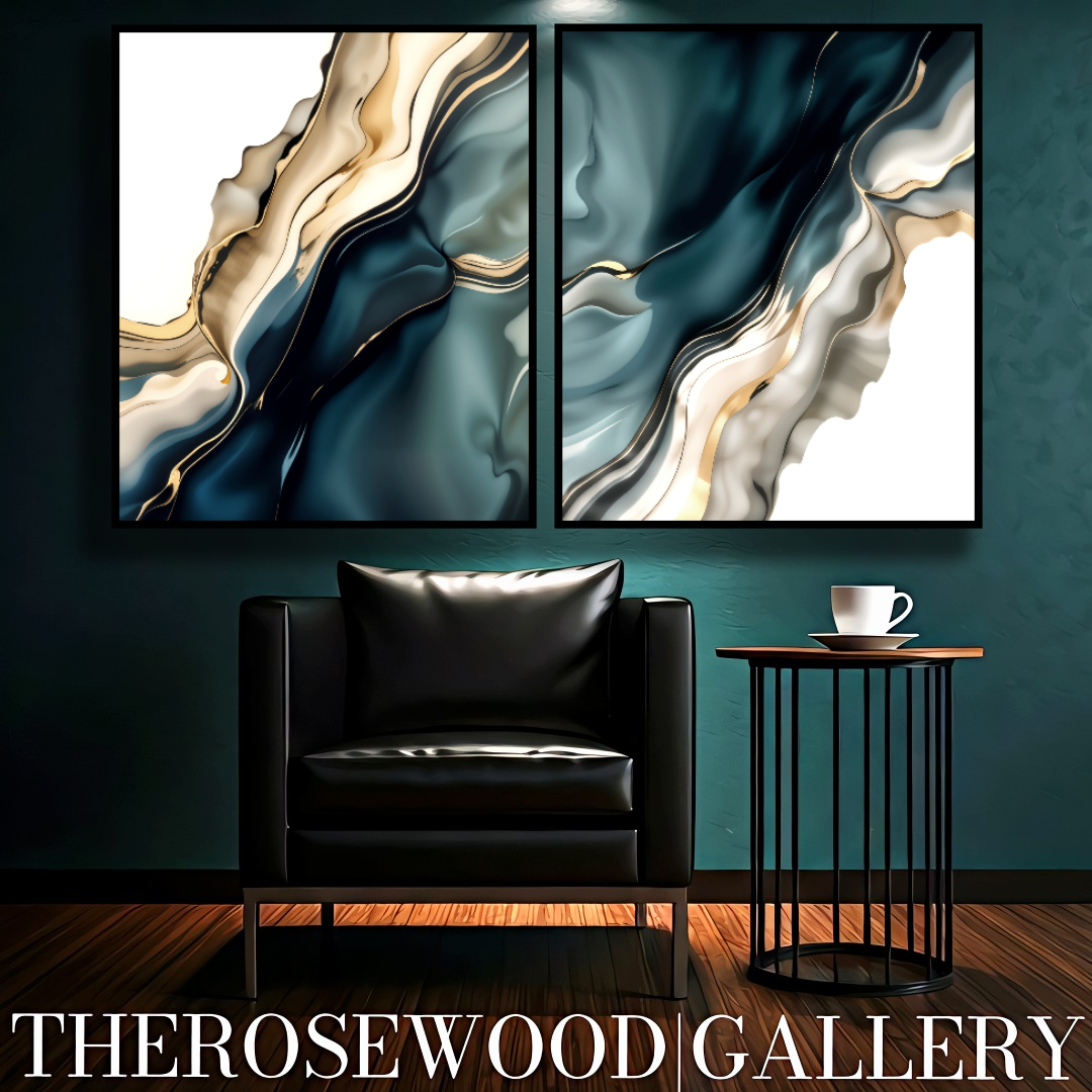 Minimalist Digital Painting Abstract Art Deep Turquoise Green Golden Lines Shades Of Sylver