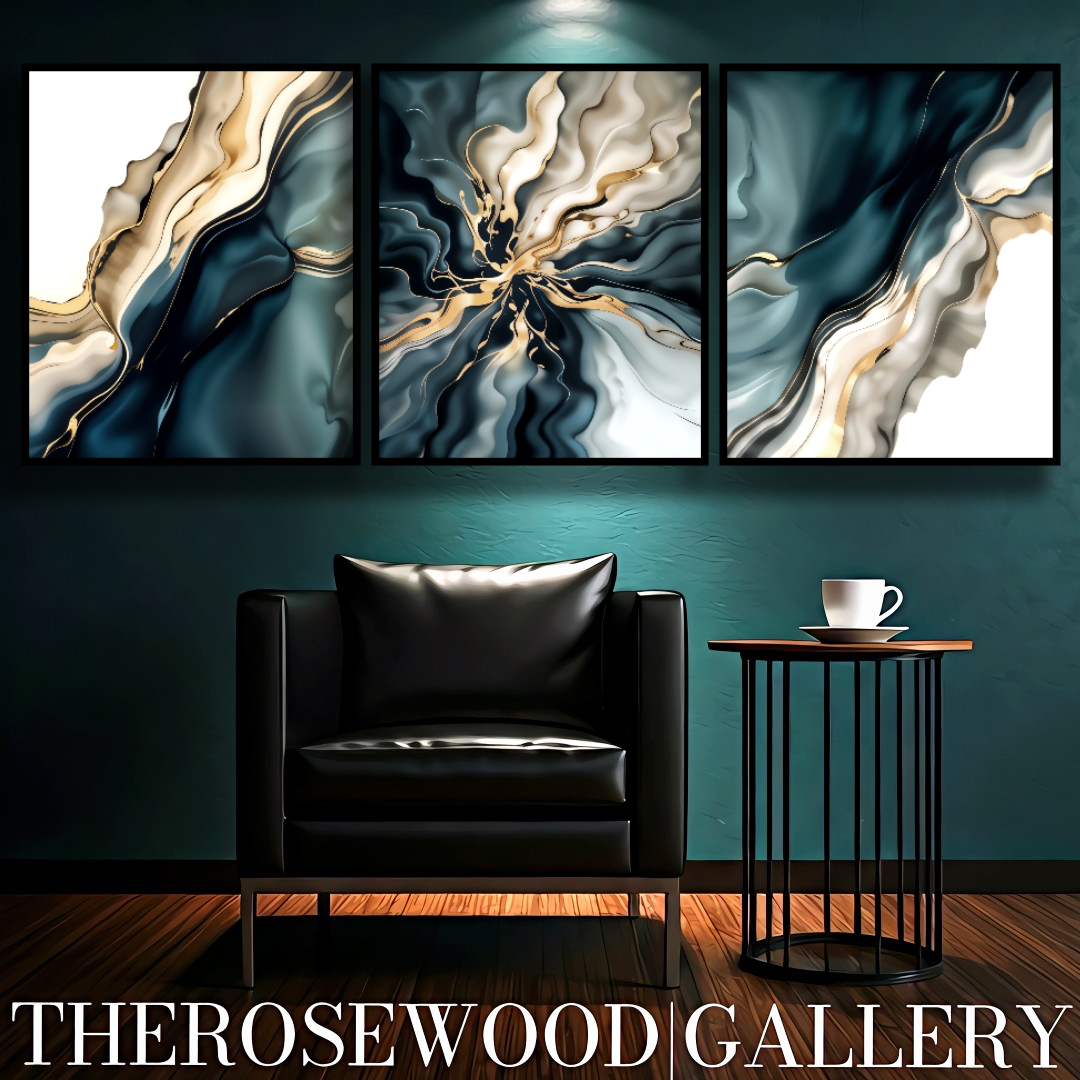 Minimalist Digital Painting Abstract Art Deep Turquoise Green Golden Lines Shades Of Sylver