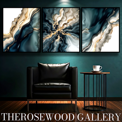 Minimalist Digital Painting Abstract Art Deep Turquoise Green Golden Lines Shades Of Sylver