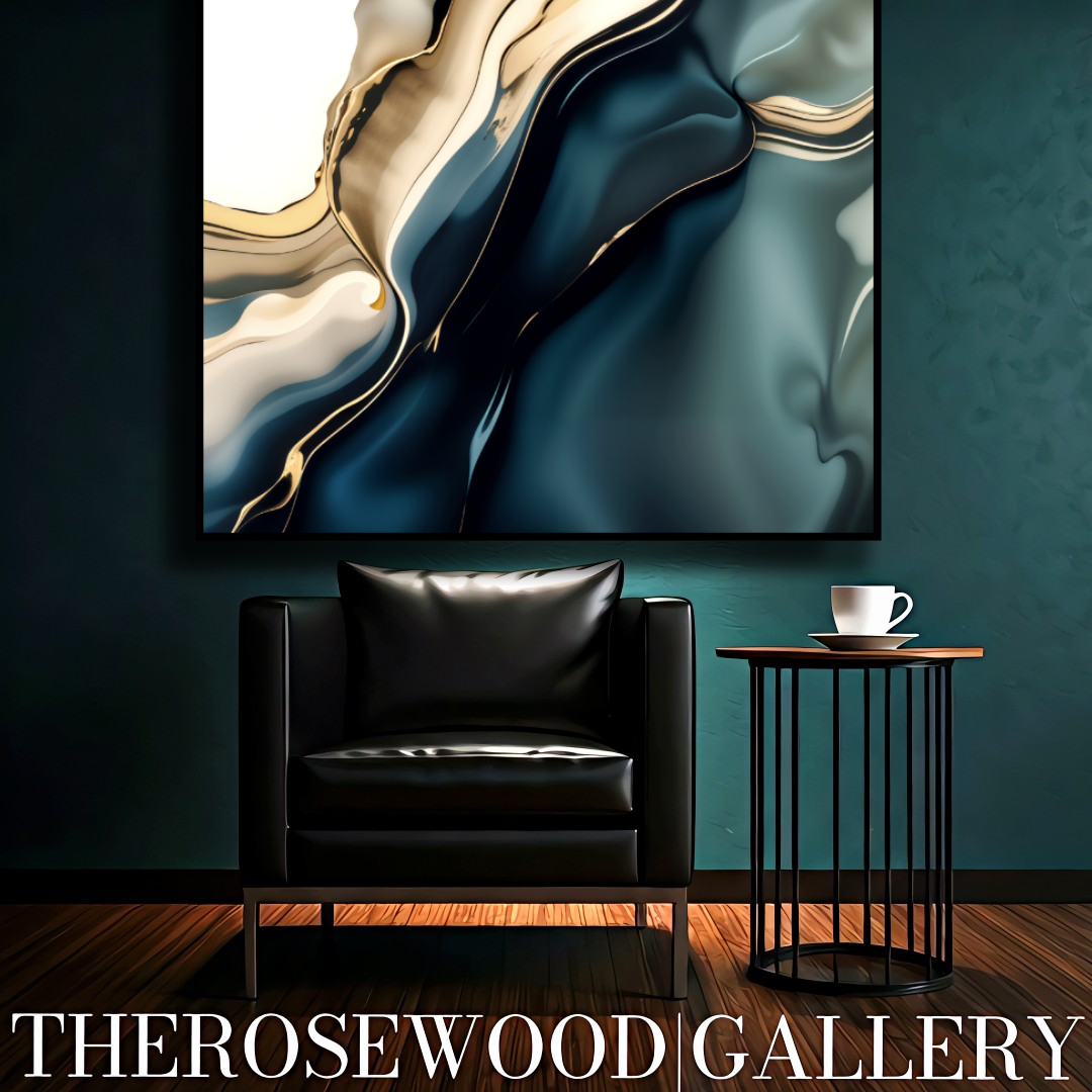 Minimalist Digital Painting Abstract Art Deep Turquoise Green Golden Lines Shades Of Sylver