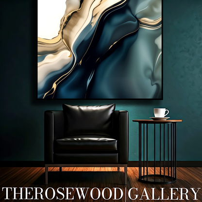 Minimalist Digital Painting Abstract Art Deep Turquoise Green Golden Lines Shades Of Sylver