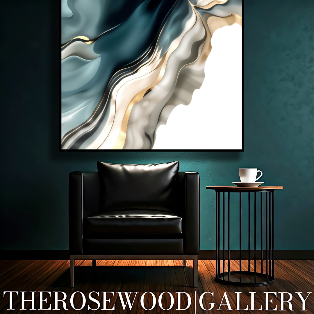 Digital Pouring Painting  Abstract Art Deep Turquoise Azur Golden Lines Shades Of Ivory Sylver Background