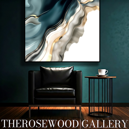Digital Pouring Painting  Abstract Art Deep Turquoise Azur Golden Lines Shades Of Ivory Sylver Background