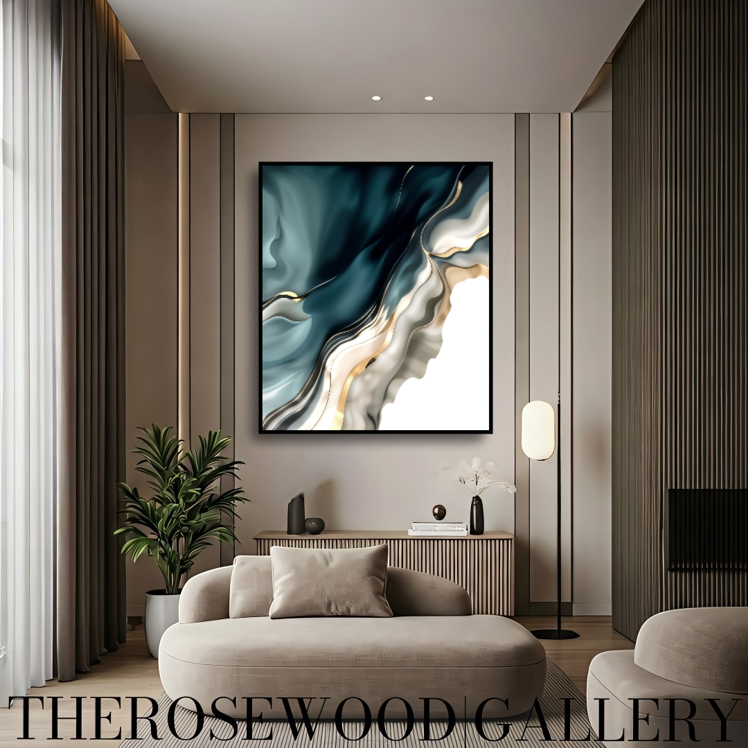 Digital Pouring Painting  Abstract Art Deep Turquoise Azur Golden Lines Shades Of Ivory Sylver Background