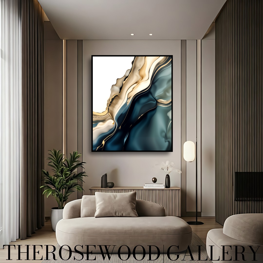 Minimalist Digital Painting Abstract Art Deep Turquoise Green Golden Lines Shades Of Sylver