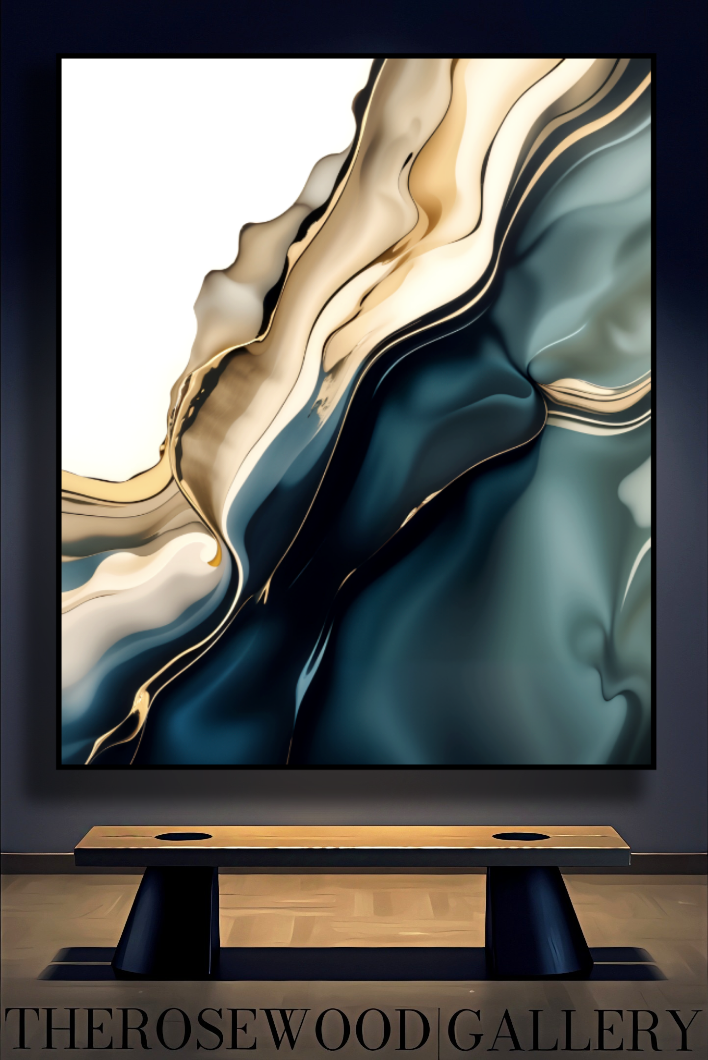Minimalist Digital Painting Abstract Art Deep Turquoise Green Golden Lines Shades Of Sylver